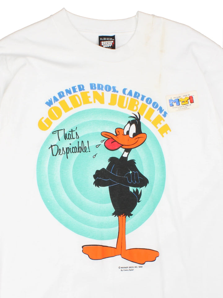Vintage 1985 Warner Bros Cartoon T-Shirt in a white colourway with big puff print graphic design on the front, deadstock and still has original sticker on the garment.