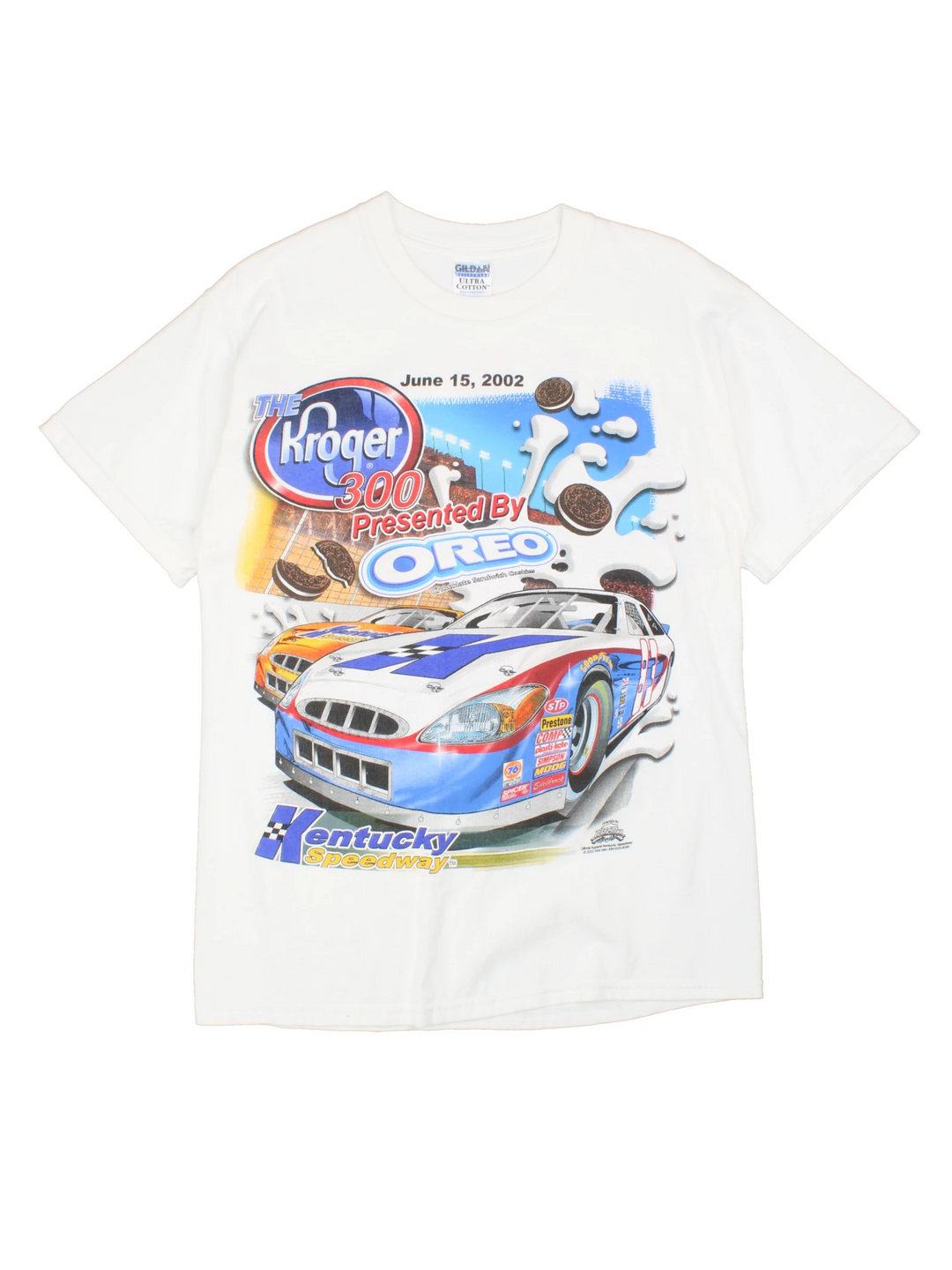 Vintage 2002 Kentucky Speedway Racing Kroger 300 Oreo t-shirt in white with single stitch and printed graphic on the front and back 