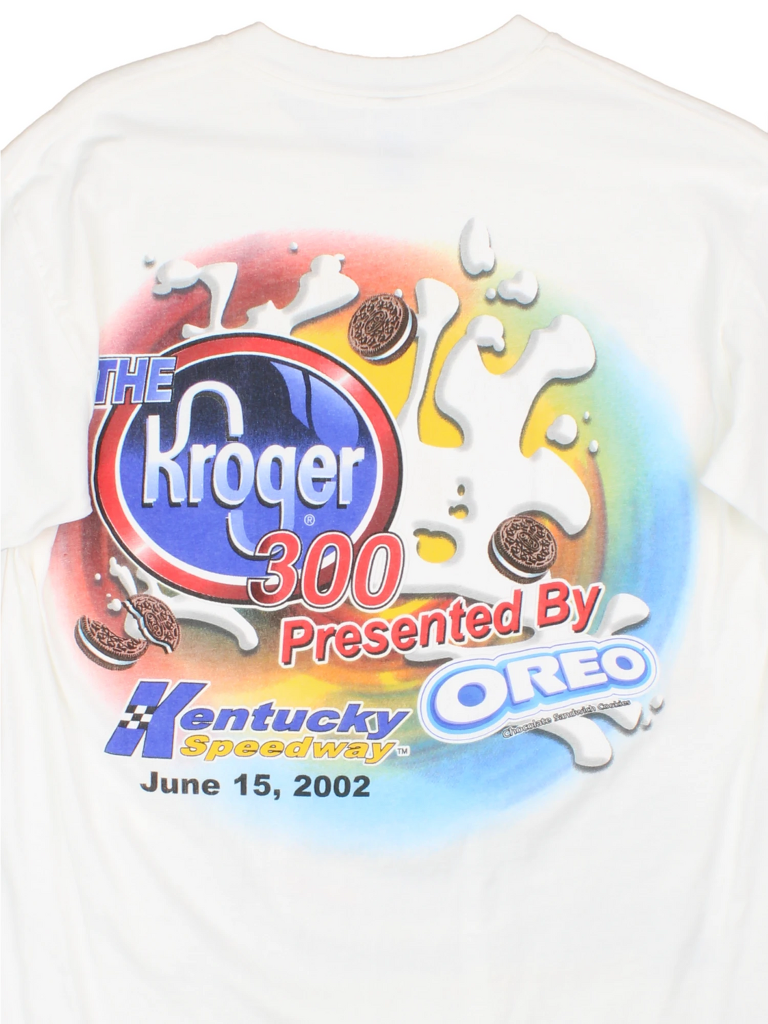 Vintage 2002 Kentucky Speedway Racing Kroger 300 Oreo t-shirt in white with single stitch and printed graphic on the front and back 