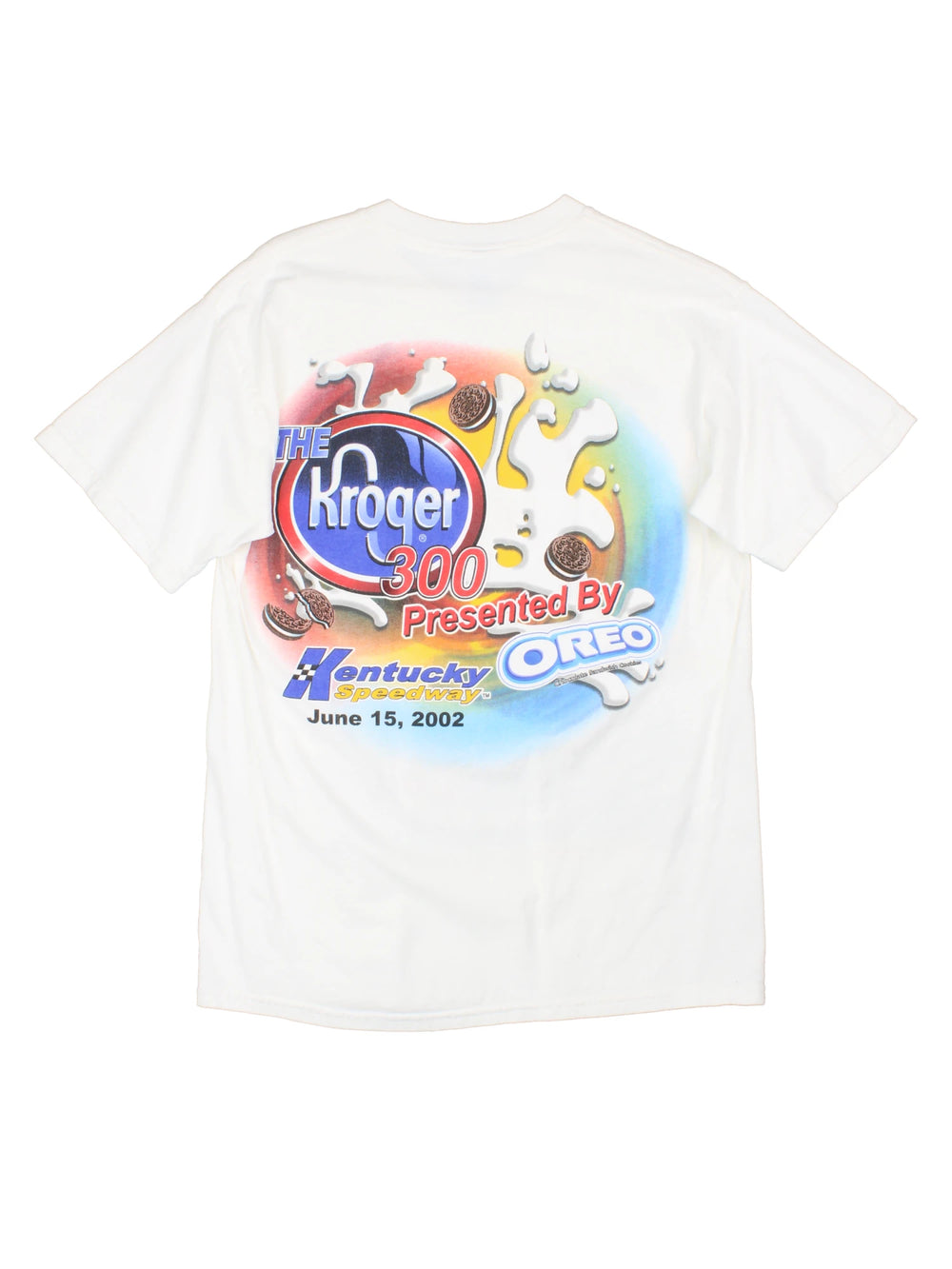 Vintage 2002 Kentucky Speedway Racing Kroger 300 Oreo t-shirt in white with single stitch and printed graphic on the front and back 