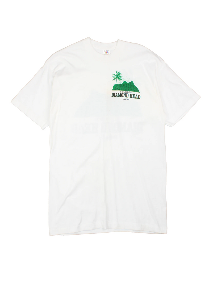 Vintage made in the USA 90's single stitch t-shirt in white by Fruit of Loom, features printed 'I climbed Diamond Head Mountain' graphic on the front and back  