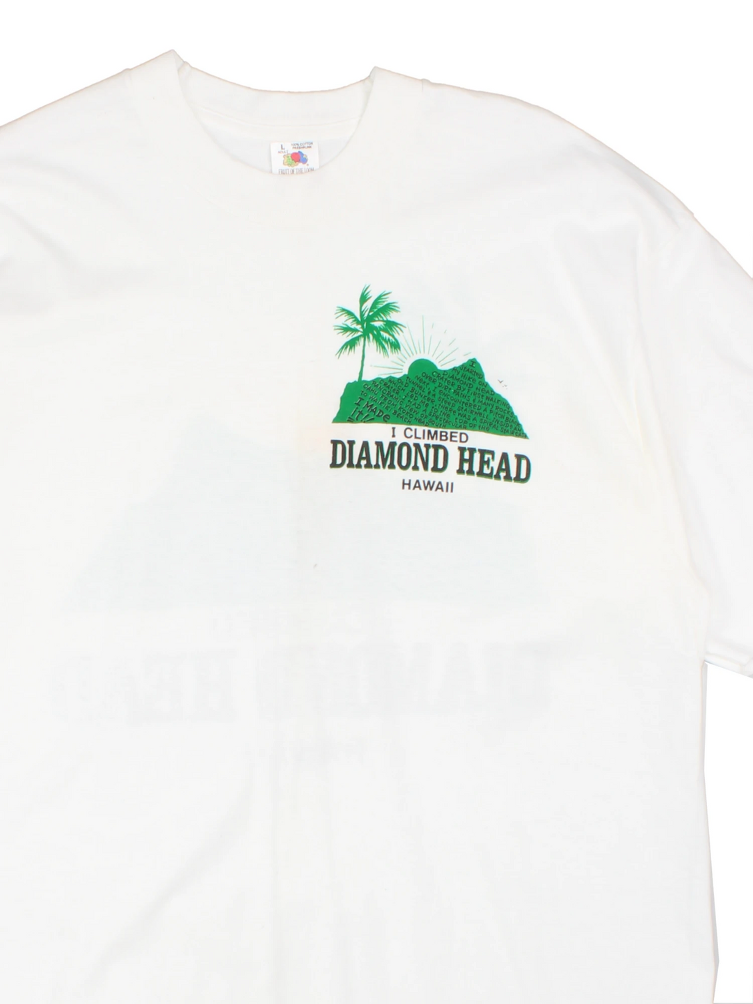 Vintage made in the USA 90's single stitch t-shirt in white by Fruit of Loom, features printed 'I climbed Diamond Head Mountain' graphic on the front and back  