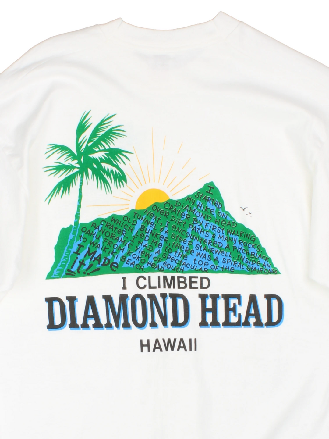 Vintage made in the USA 90's single stitch t-shirt in white by Fruit of Loom, features printed 'I climbed Diamond Head Mountain' graphic on the front and back  