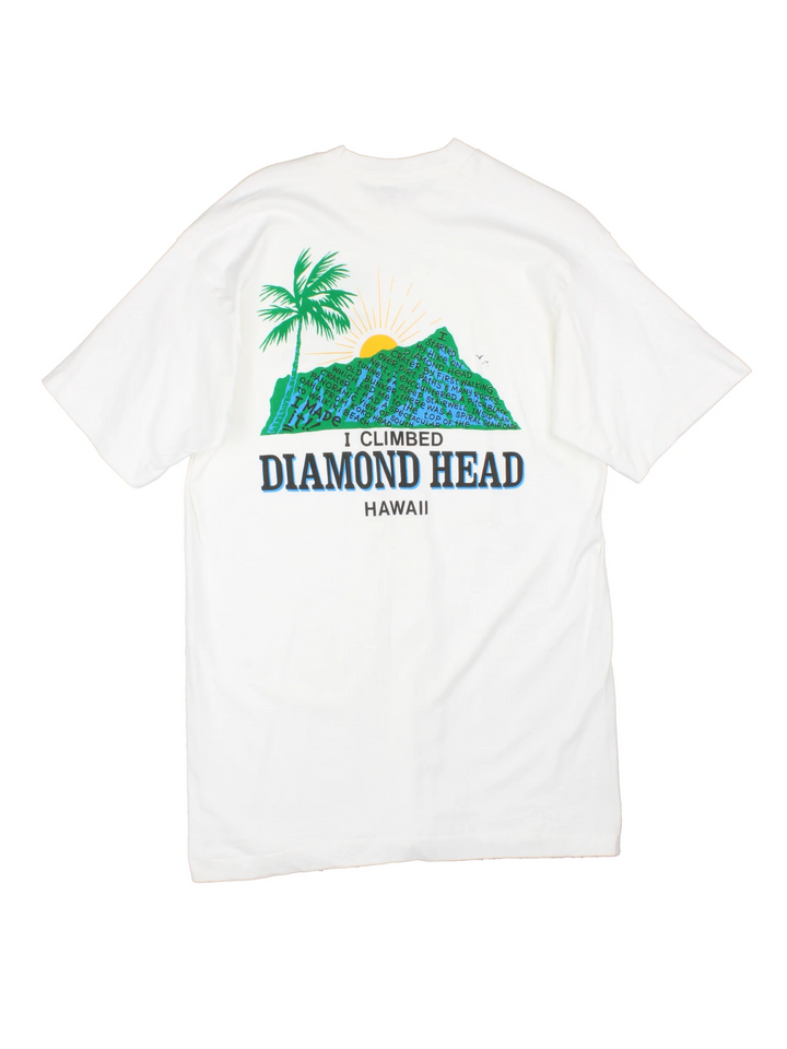 Vintage made in the USA 90's single stitch t-shirt in white by Fruit of Loom, features printed 'I climbed Diamond Head Mountain' graphic on the front and back  
