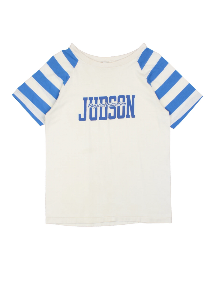 Vintage 70's Judson Physical Education T-Shirt in white and blue.