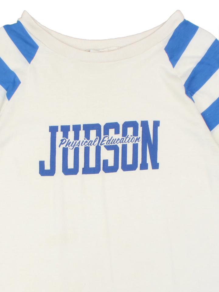 Vintage 70's Judson Physical Education T-Shirt in white and blue.