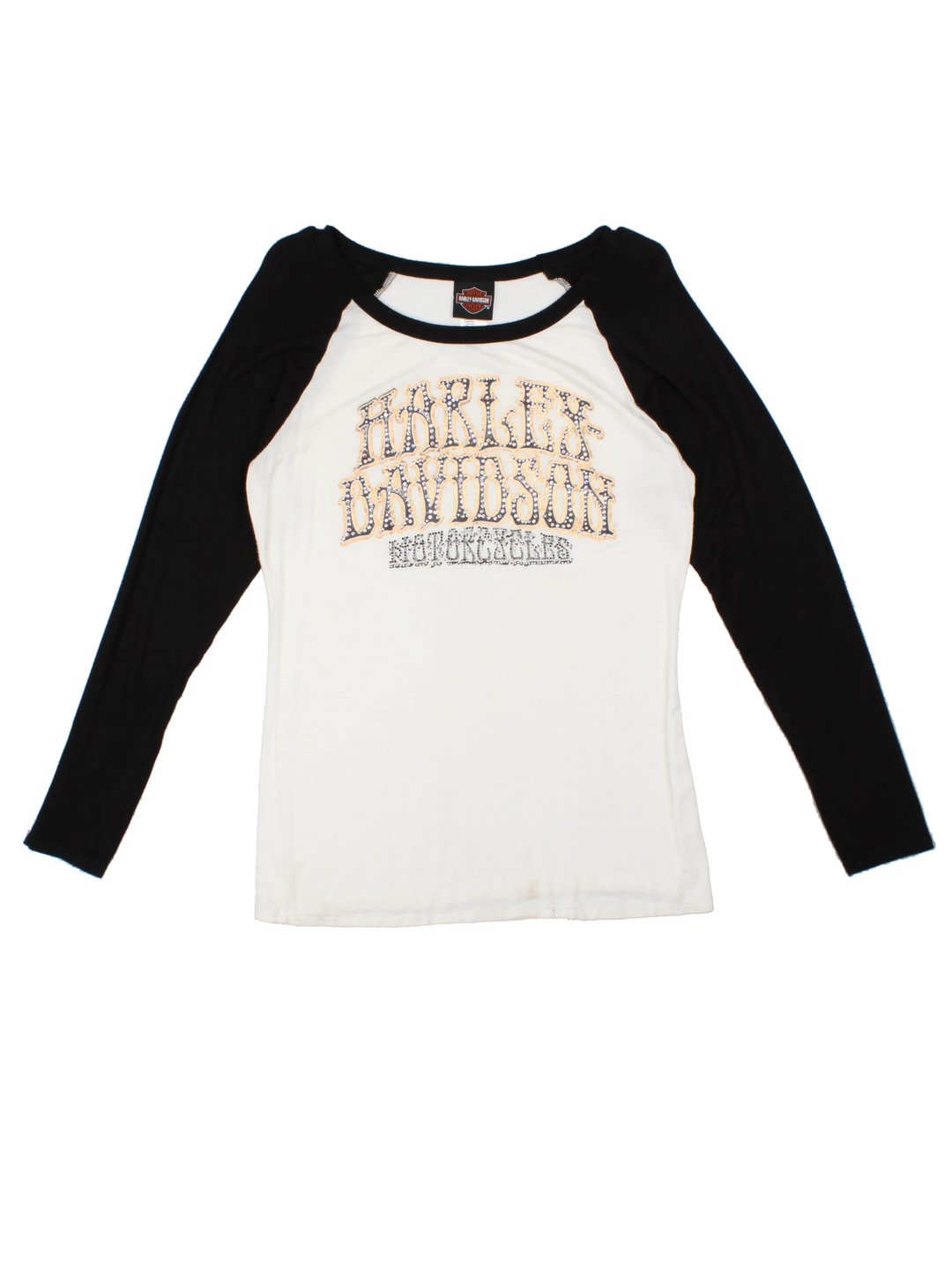 Y2K Harley Davidson Long Sleeved Top in a black and white colourway with the spell out printed on the front and covered in studs.