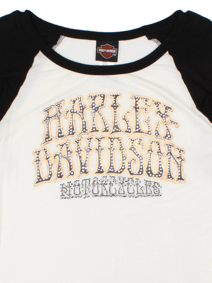 Y2K Harley Davidson Long Sleeved Top in a black and white colourway with the spell out printed on the front and covered in studs.