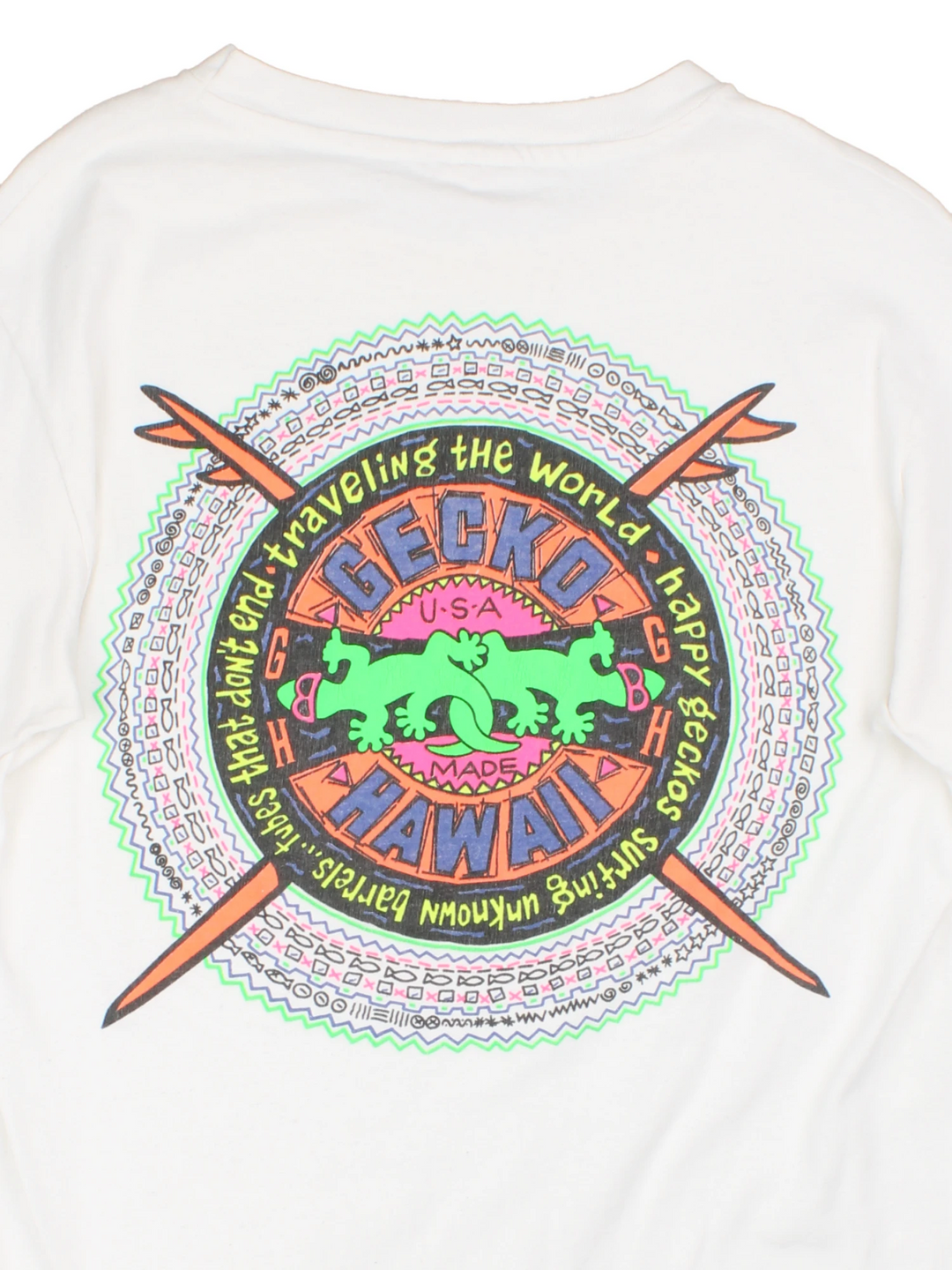 Vintage Gecko Hawaii single stitch T-Shirt with logo on the chest and graphic print on the back.