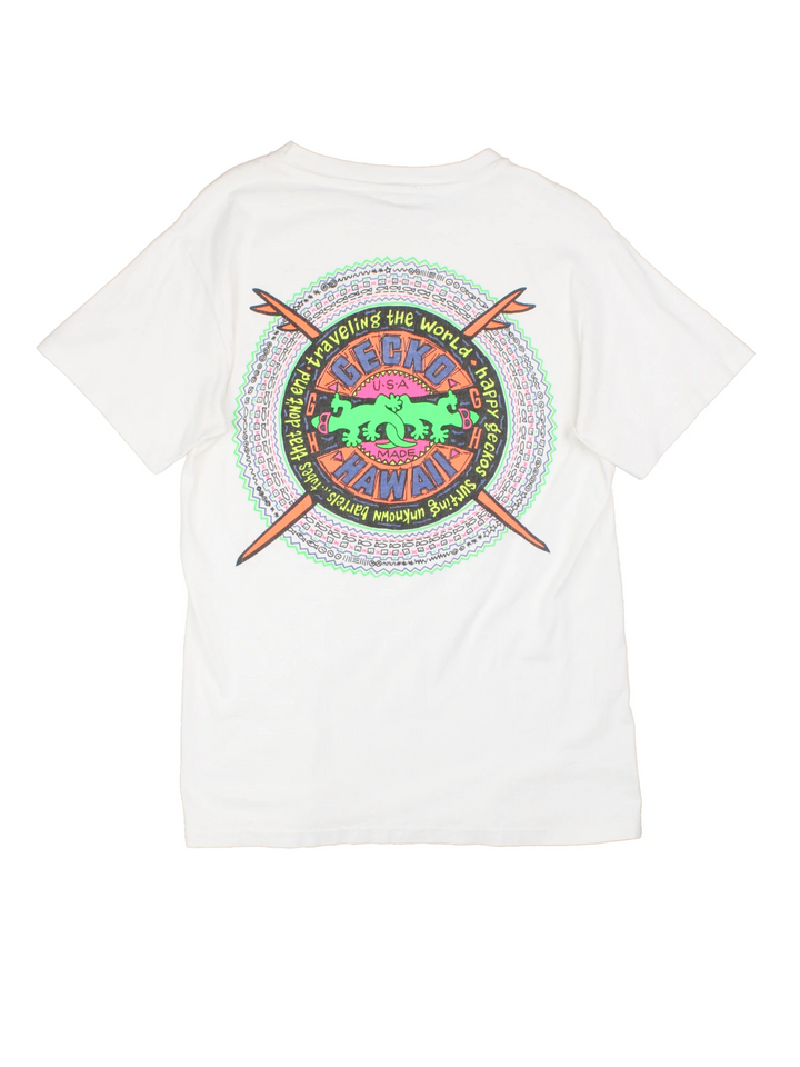 Vintage Gecko Hawaii single stitch T-Shirt with logo on the chest and graphic print on the back.