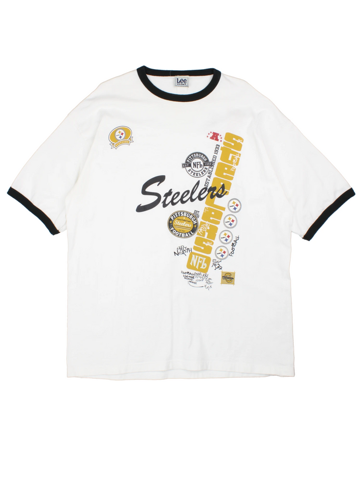 Vintage Pittsburgh Steelers T-Shirt by Lee Sport with large print on the front and back. 