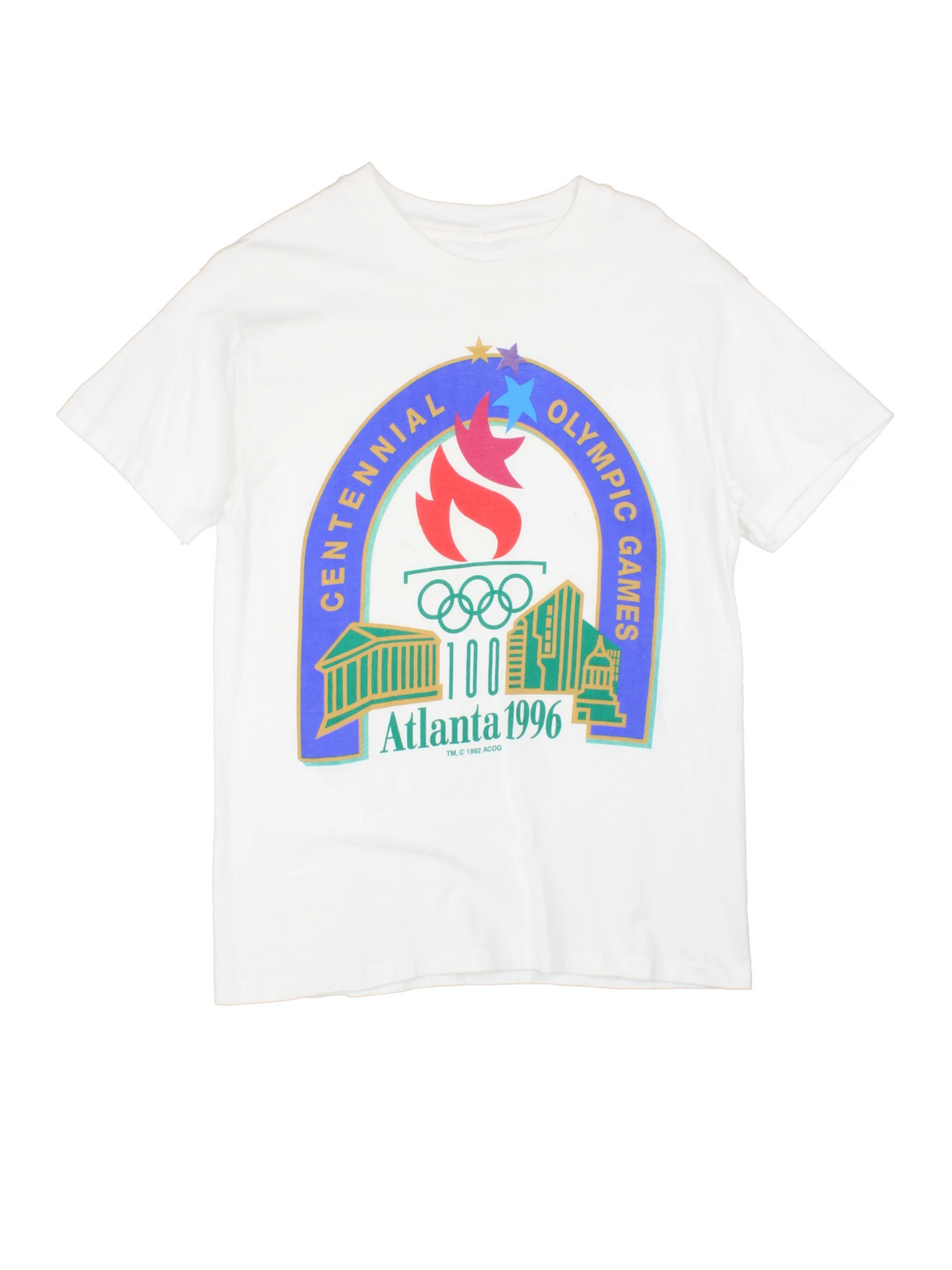 Atlanta 1996 Centennial Olympic Games single stitch T-Shirt. Features large graphic print on the front. 