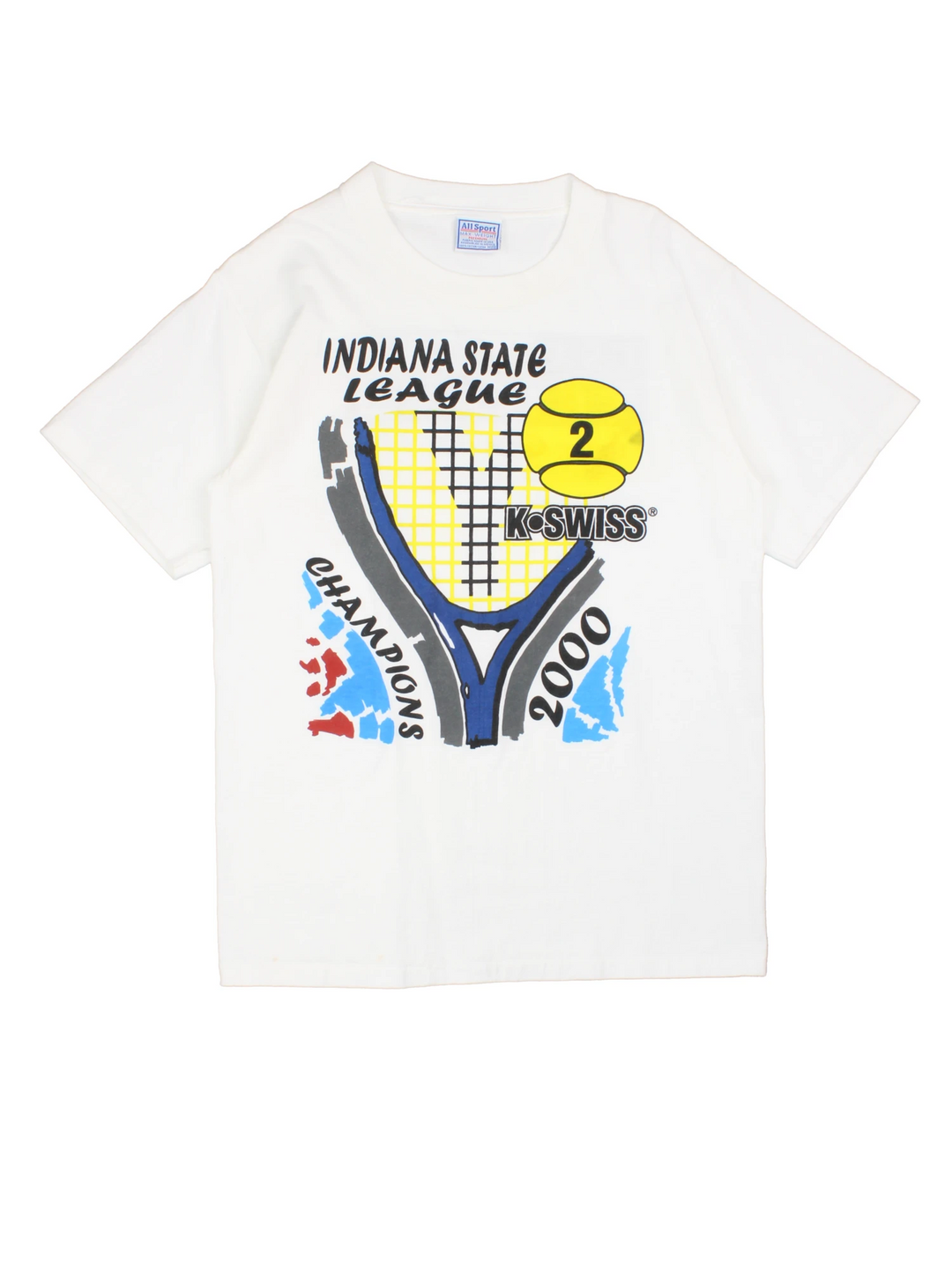 2000 'Indiana State League Champions' white spellout graphic tee with tennis racket and ball design and K. SWISS sponsor logo. Back graphic reading 'USA league tennis presented by Infiniti'.  