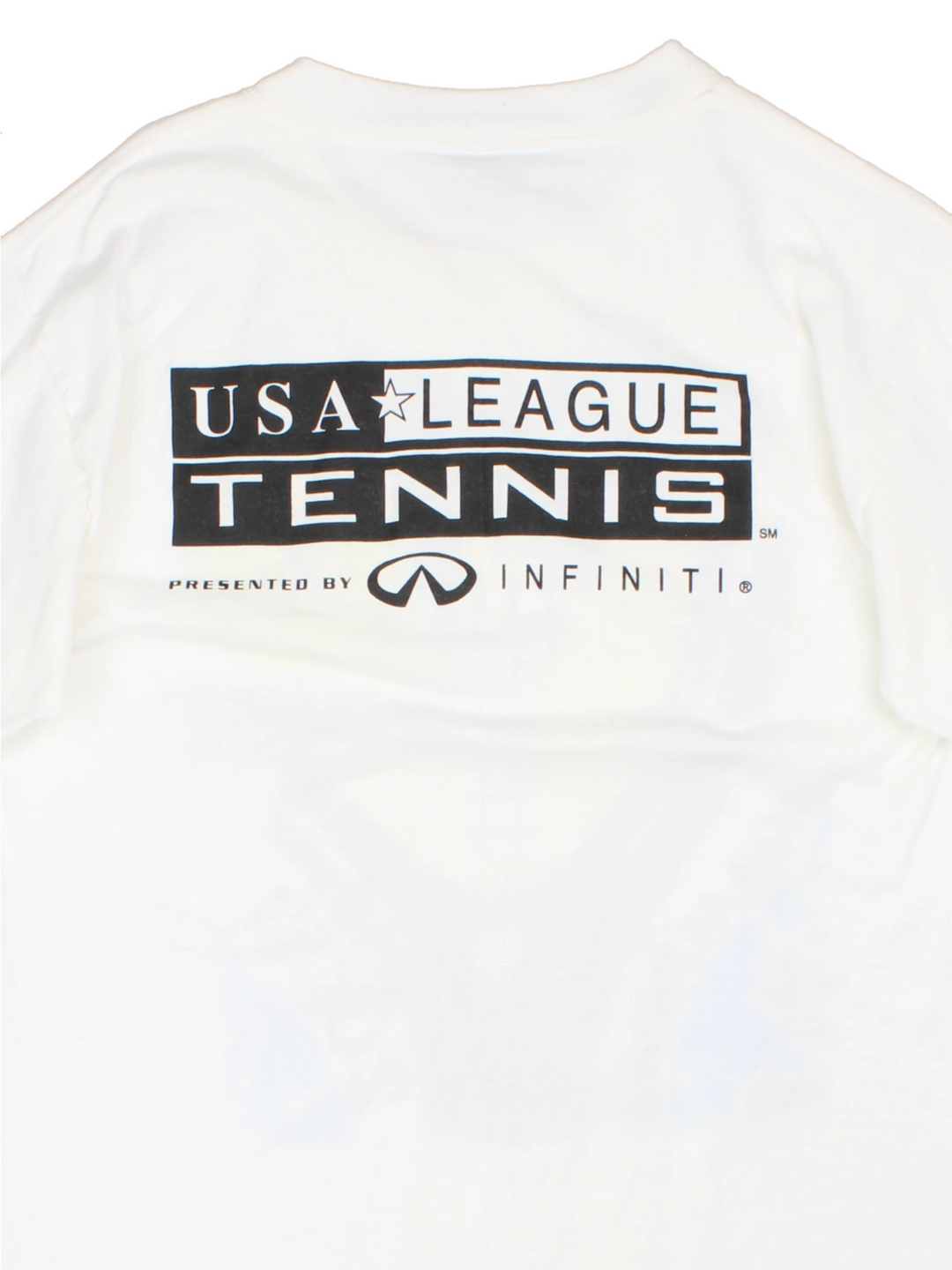 2000 'Indiana State League Champions' white spellout graphic tee with tennis racket and ball design and K. SWISS sponsor logo. Back graphic reading 'USA league tennis presented by Infiniti'.  