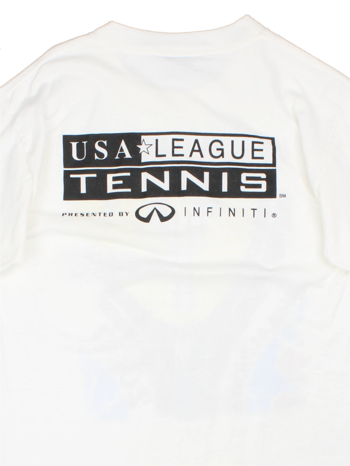 2000 'Indiana State League Champions' white spellout graphic tee with tennis racket and ball design and K. SWISS sponsor logo. Back graphic reading 'USA league tennis presented by Infiniti'.  