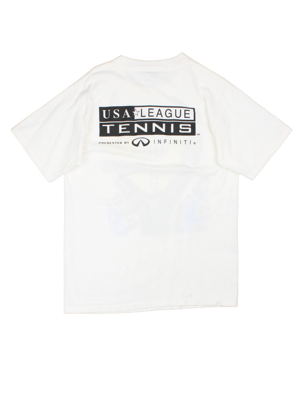 2000 'Indiana State League Champions' white spellout graphic tee with tennis racket and ball design and K. SWISS sponsor logo. Back graphic reading 'USA league tennis presented by Infiniti'.  