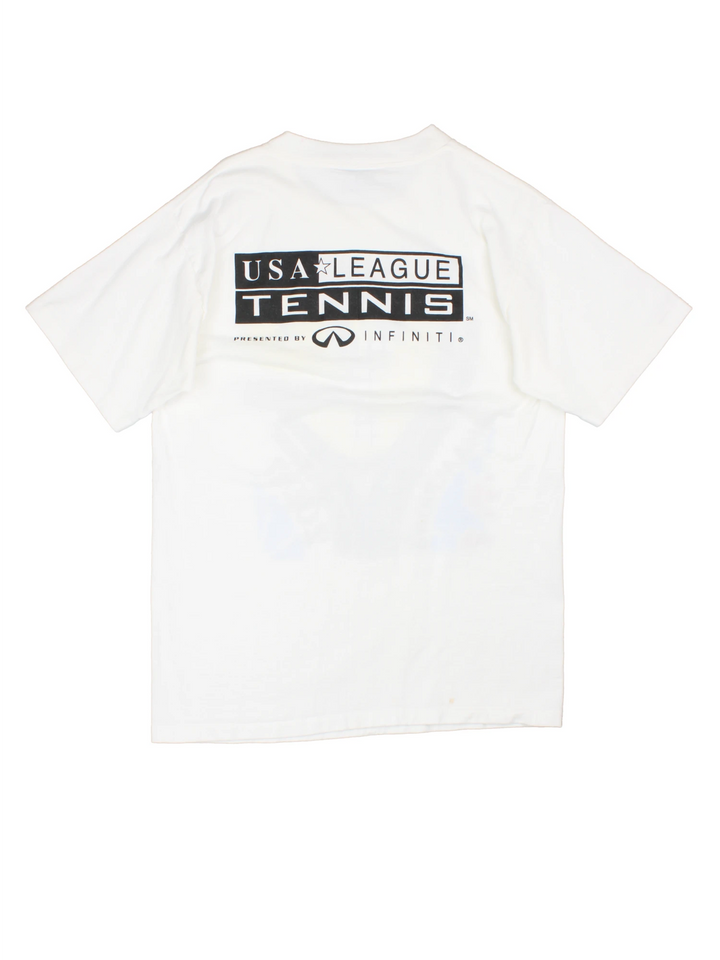 2000 'Indiana State League Champions' white spellout graphic tee with tennis racket and ball design and K. SWISS sponsor logo. Back graphic reading 'USA league tennis presented by Infiniti'.  