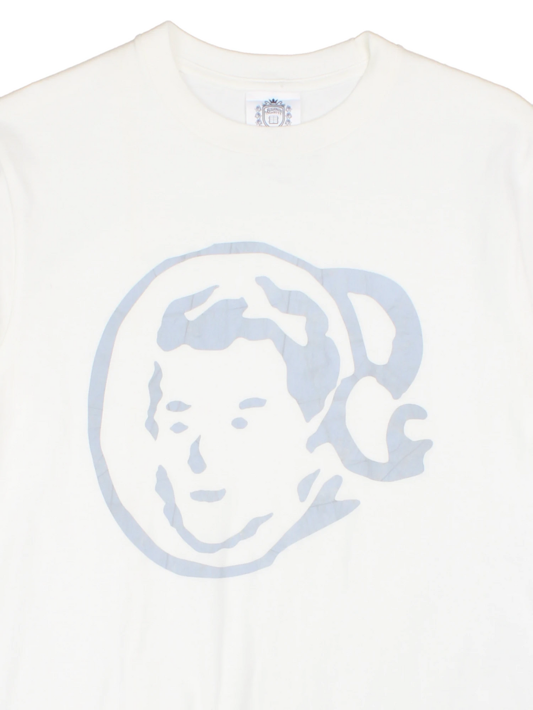 White Billionaire Boy's Club tee with face design in grey and logo on the back. 