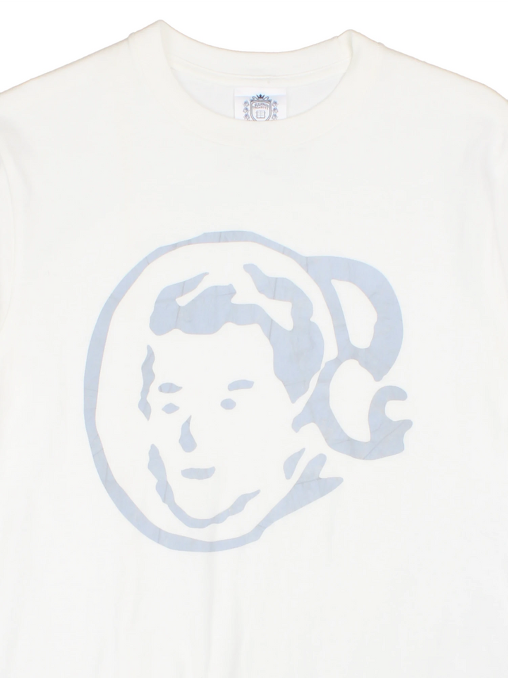 White Billionaire Boy's Club tee with face design in grey and logo on the back. 