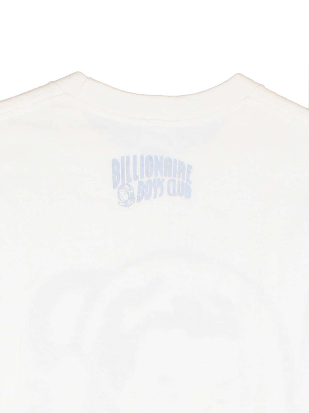 White Billionaire Boy's Club tee with face design in grey and logo on the back. 