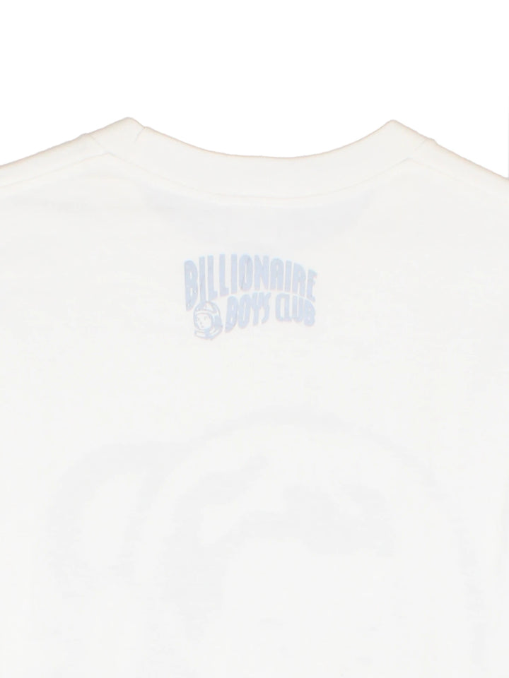 White Billionaire Boy's Club tee with face design in grey and logo on the back. 