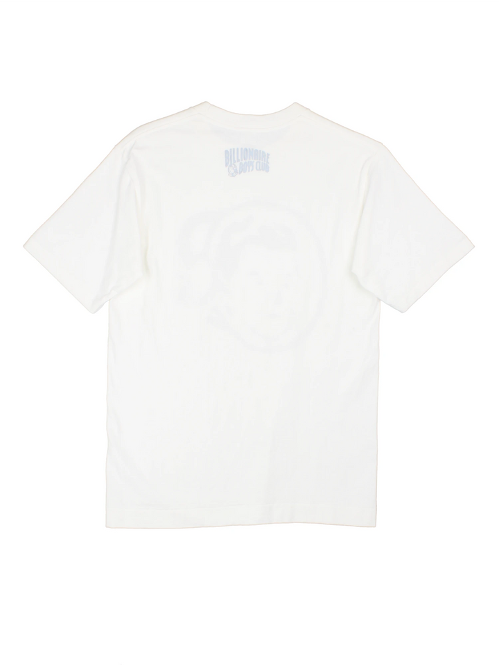 White Billionaire Boy's Club tee with face design in grey and logo on the back. 