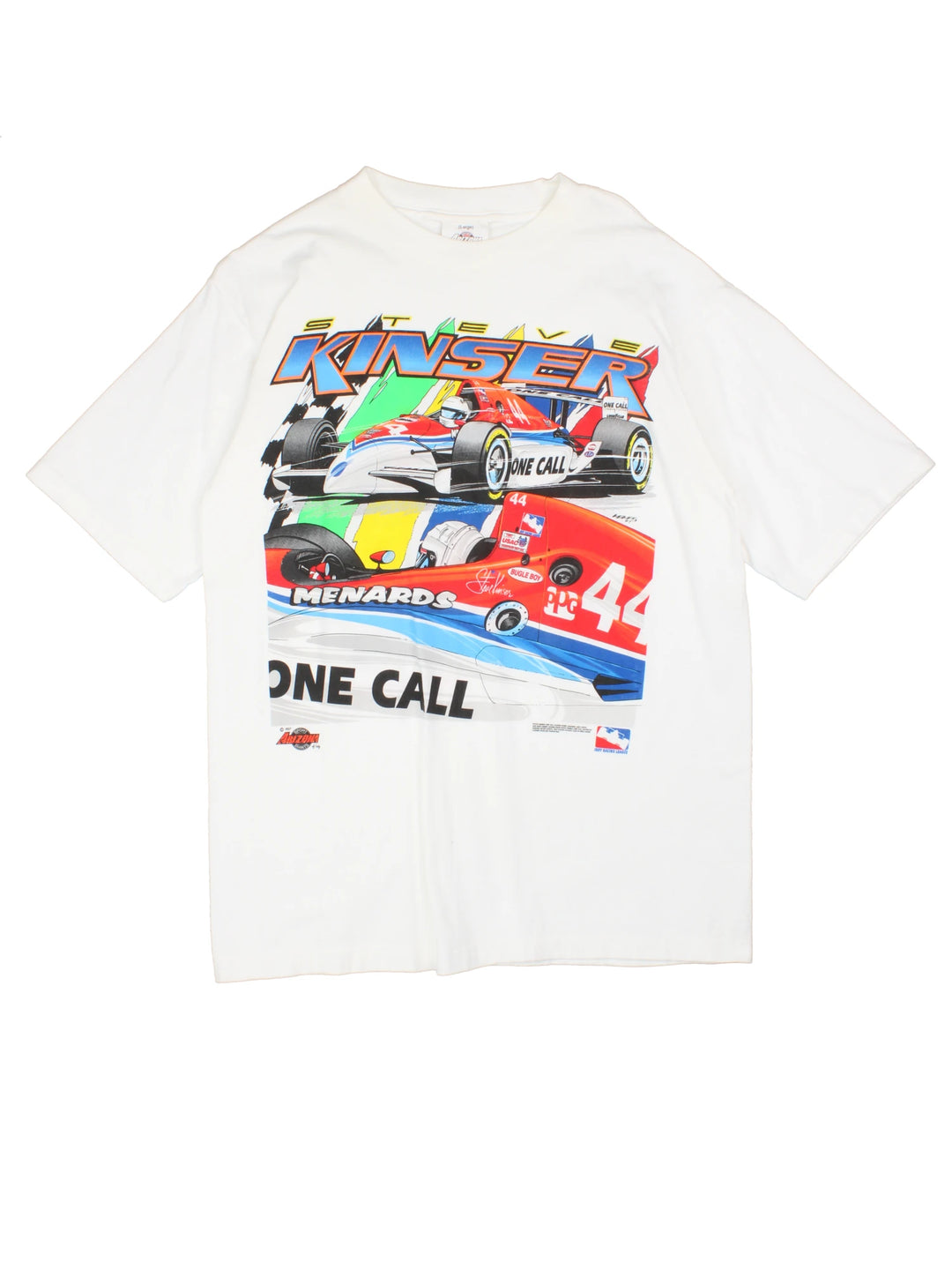 Vintage 90s Steve Kinser, One Call Communications Racing single stitch T-Shirt in white with large graphic print on the front and back.