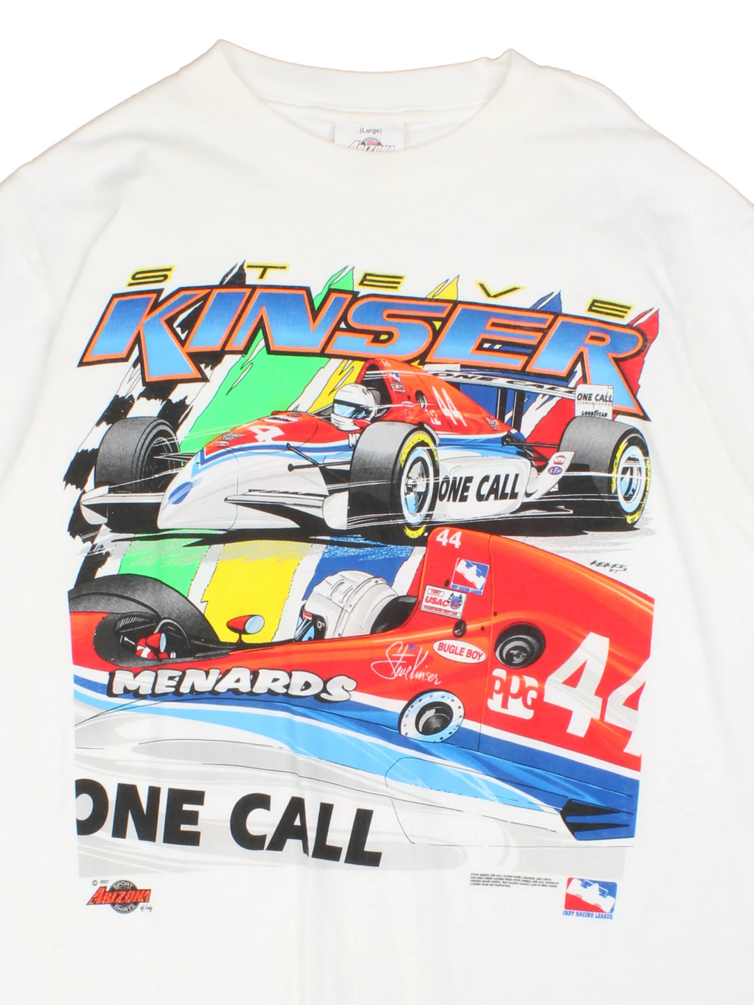 Vintage 90s Steve Kinser, One Call Communications Racing single stitch T-Shirt in white with large graphic print on the front and back.