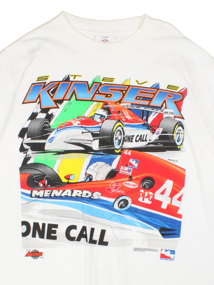 Vintage 90s Steve Kinser, One Call Communications Racing single stitch T-Shirt in white with large graphic print on the front and back.