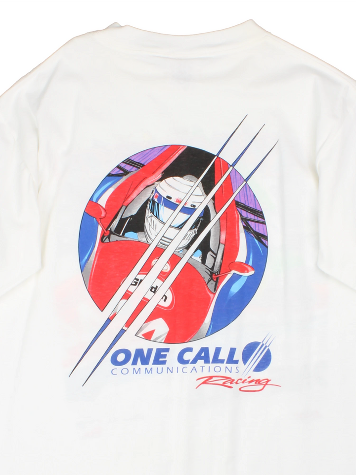 Vintage 90s Steve Kinser, One Call Communications Racing single stitch T-Shirt in white with large graphic print on the front and back.