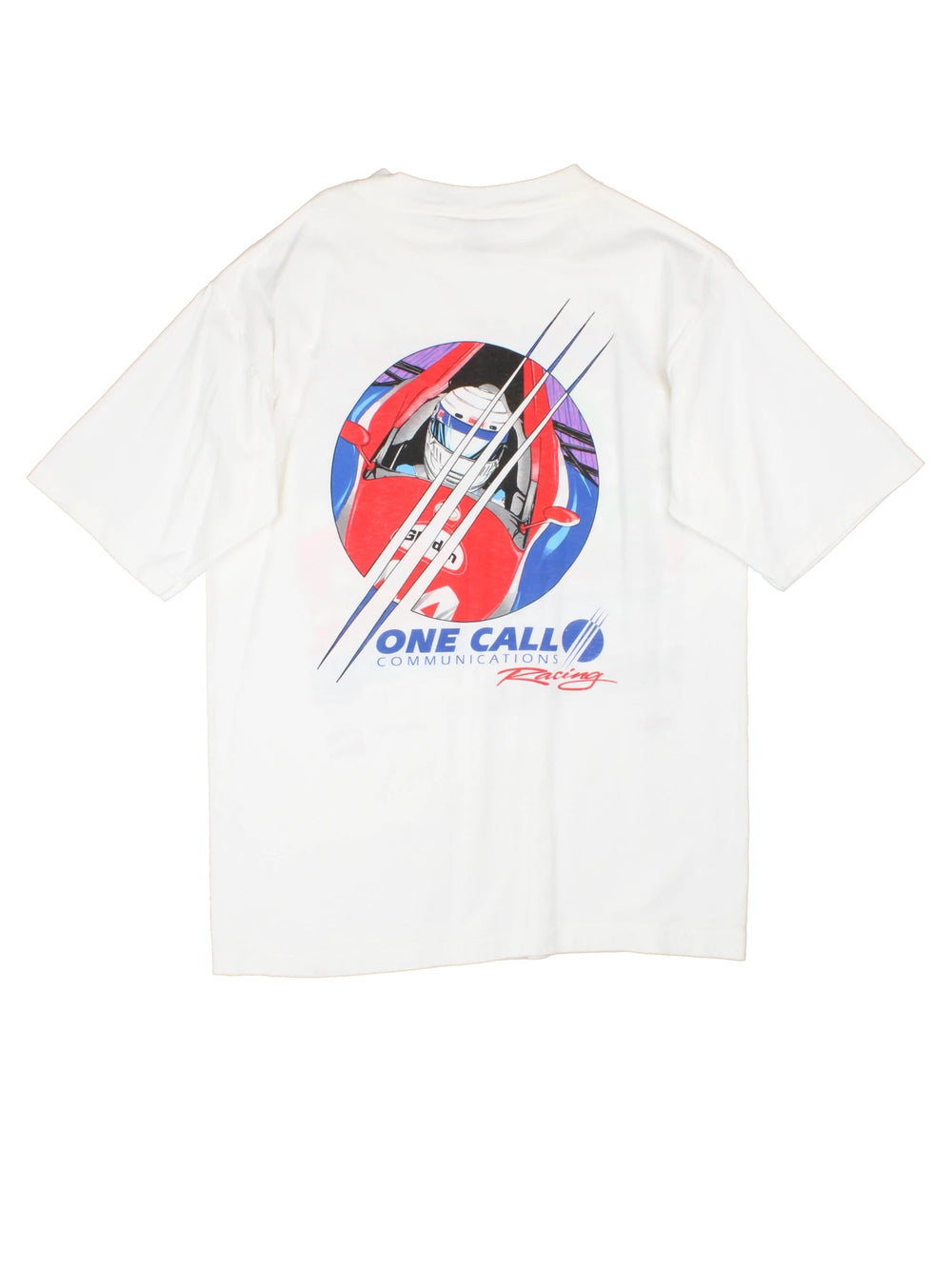 Vintage 90s Steve Kinser, One Call Communications Racing single stitch T-Shirt in white with large graphic print on the front and back.