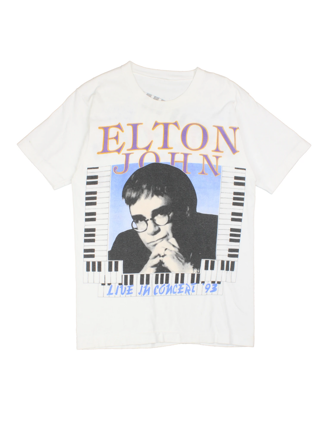 Vintage 1993 Elton John concert t-shirt with printed graphics on the front and back
