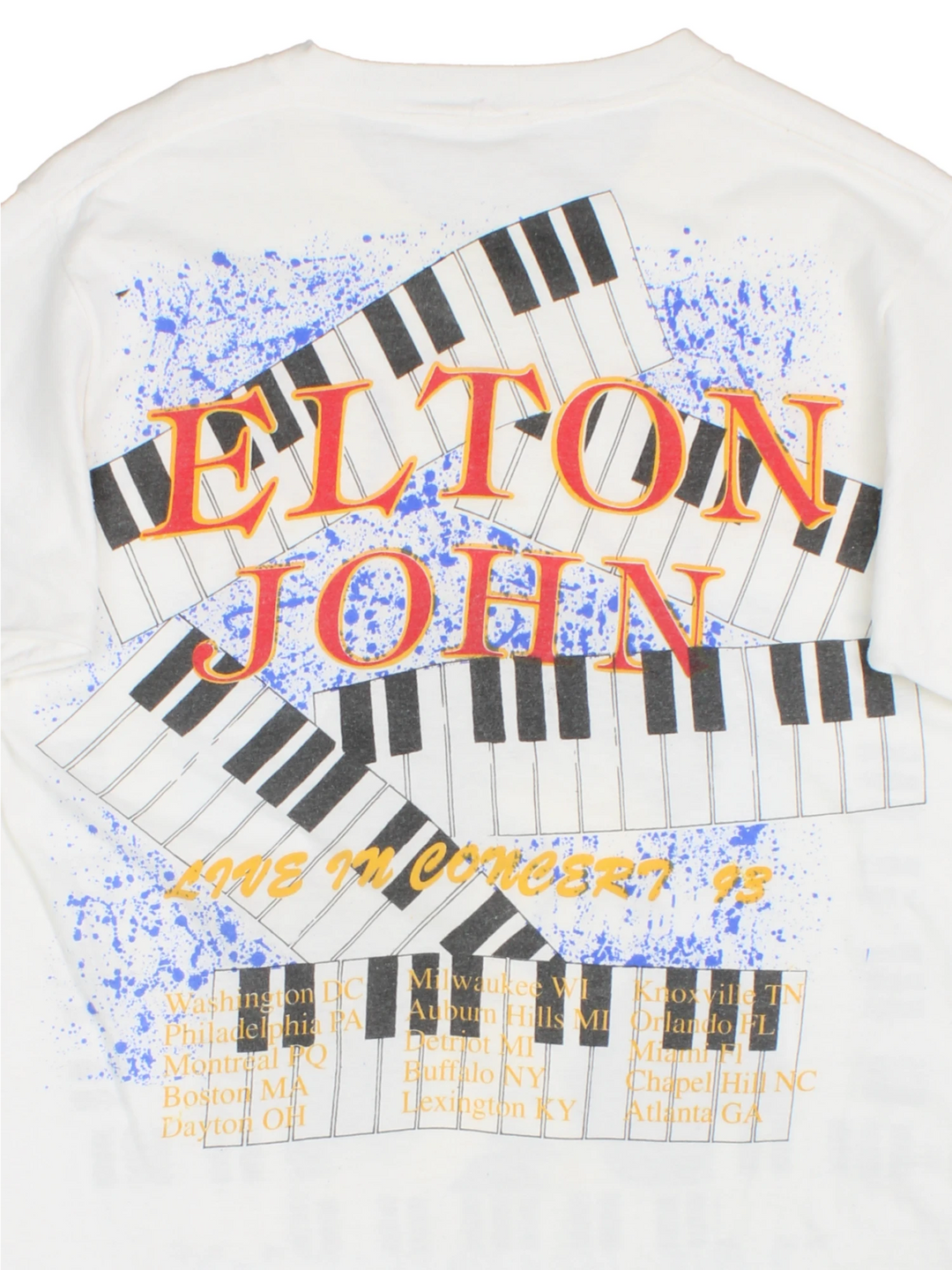 Vintage 1993 Elton John concert t-shirt with printed graphics on the front and back