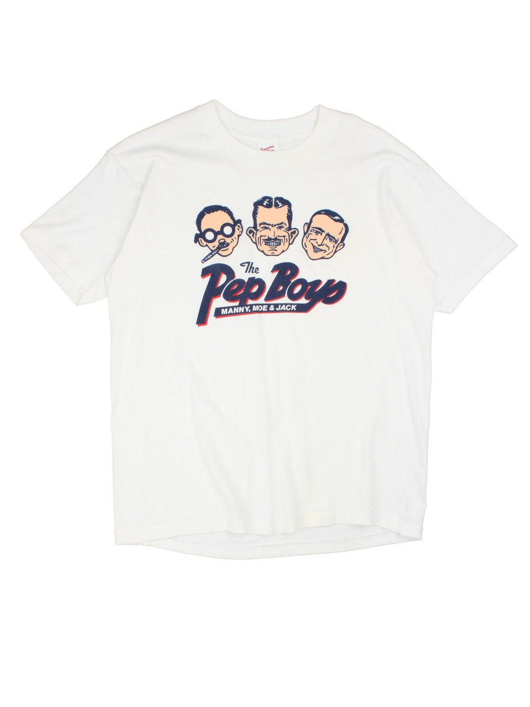 Made in the USA vintage late 1980's single stitch t-shirt. Features "The Pep Boys" printed graphic on the front. As seen on Artist Keith Haring
