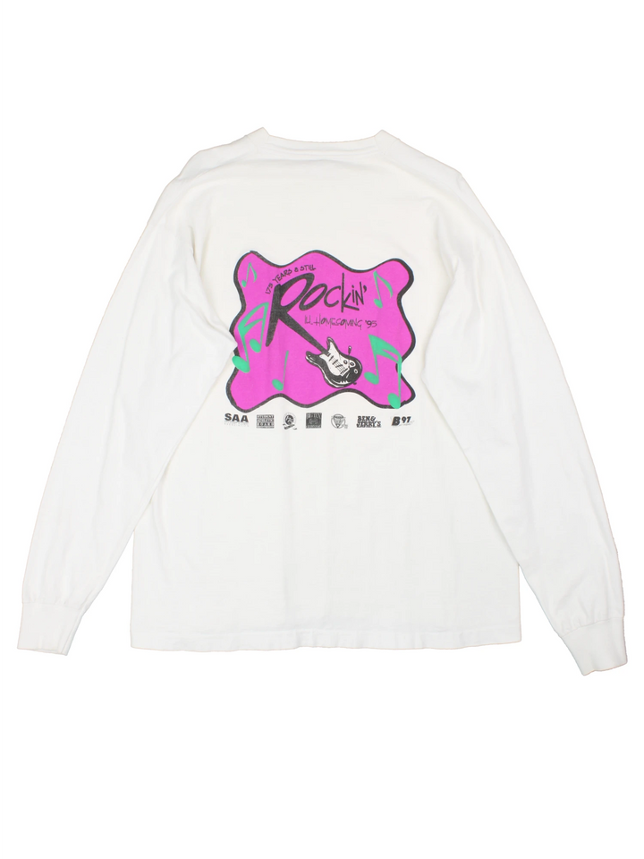 Vintage 1995 "Rokin' Homecoming" long sleeve top, features printed spell-out graphic on the front and back 