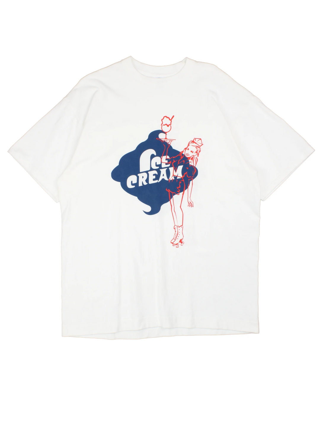 Billionaire Boys Club, single stitch white graphic t-shirt. Features large spell-out "ice cream" and waitress graphic on the front and back 