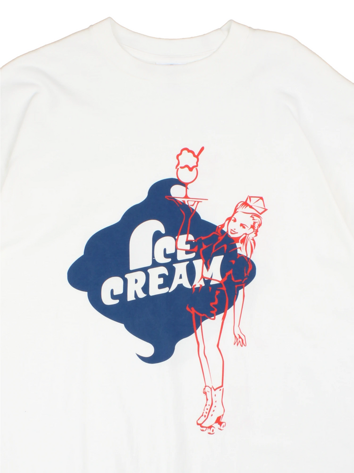 Billionaire Boys Club, single stitch white graphic t-shirt. Features large spell-out "ice cream" and waitress graphic on the front and back 