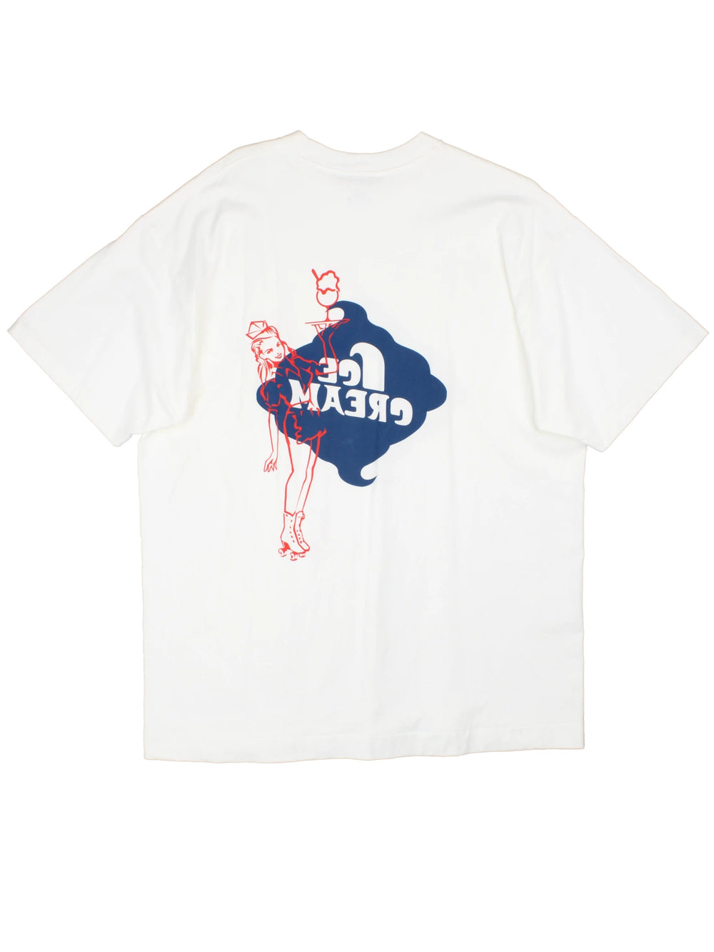 Billionaire Boys Club, single stitch white graphic t-shirt. Features large spell-out "ice cream" and waitress graphic on the front and back 