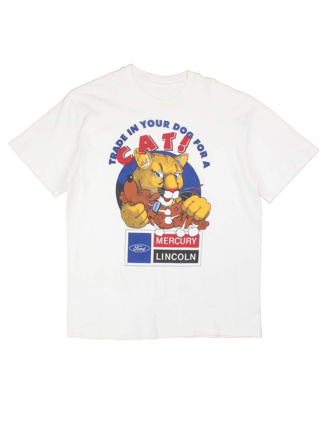 Vintage 90's Ford Mercury Lincoln single stitch t-shirt. Features large "trade in your dog for a cat" graphic on the front. 