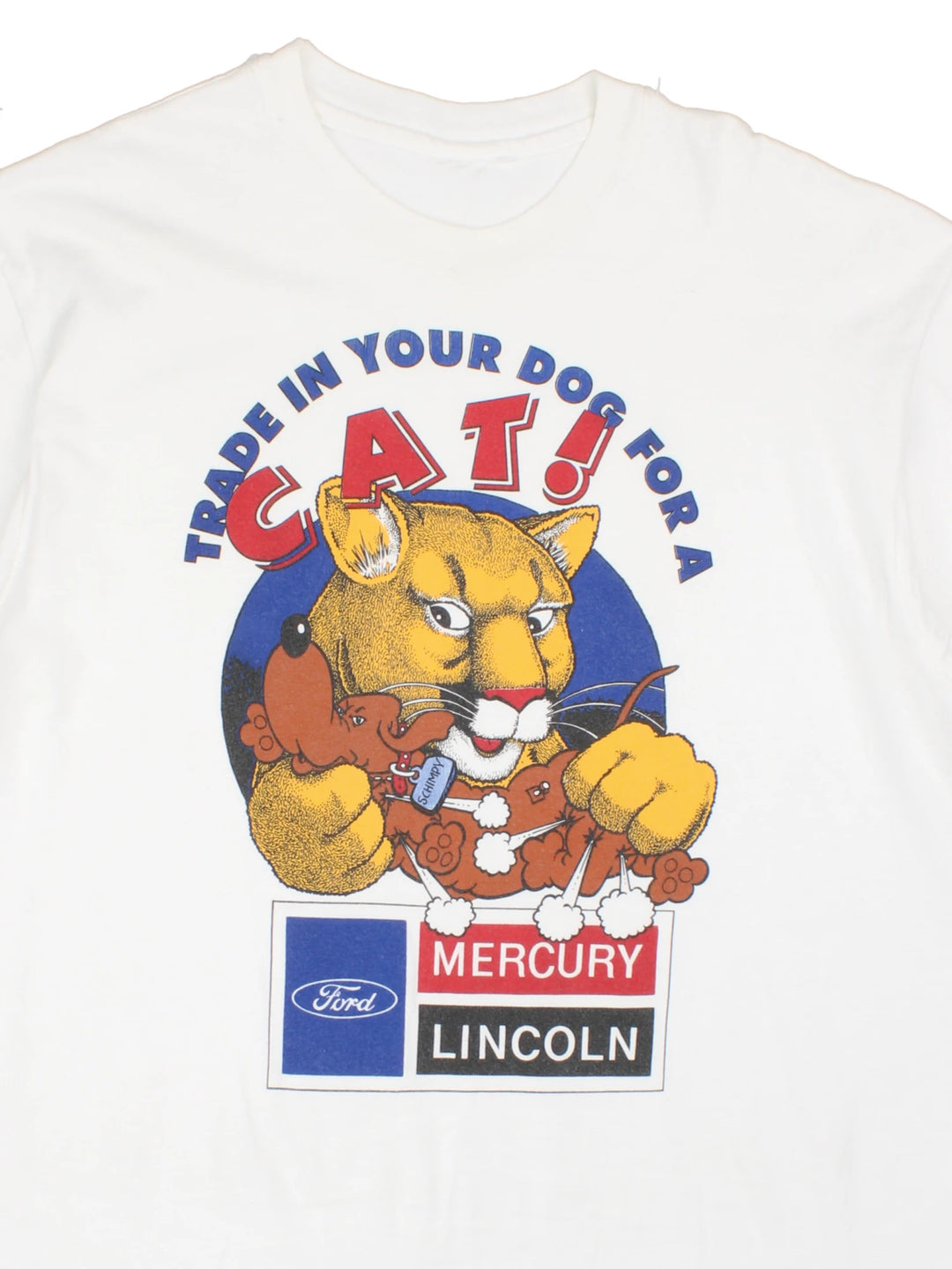 Vintage 90's Ford Mercury Lincoln single stitch t-shirt. Features large "trade in your dog for a cat" graphic on the front. 