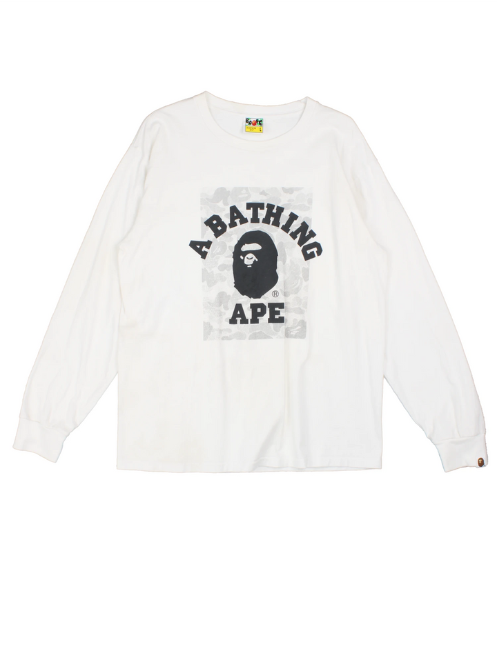 Bape ABC camo long sleeved T-Shirt with classic printed spell out logo on the front. 