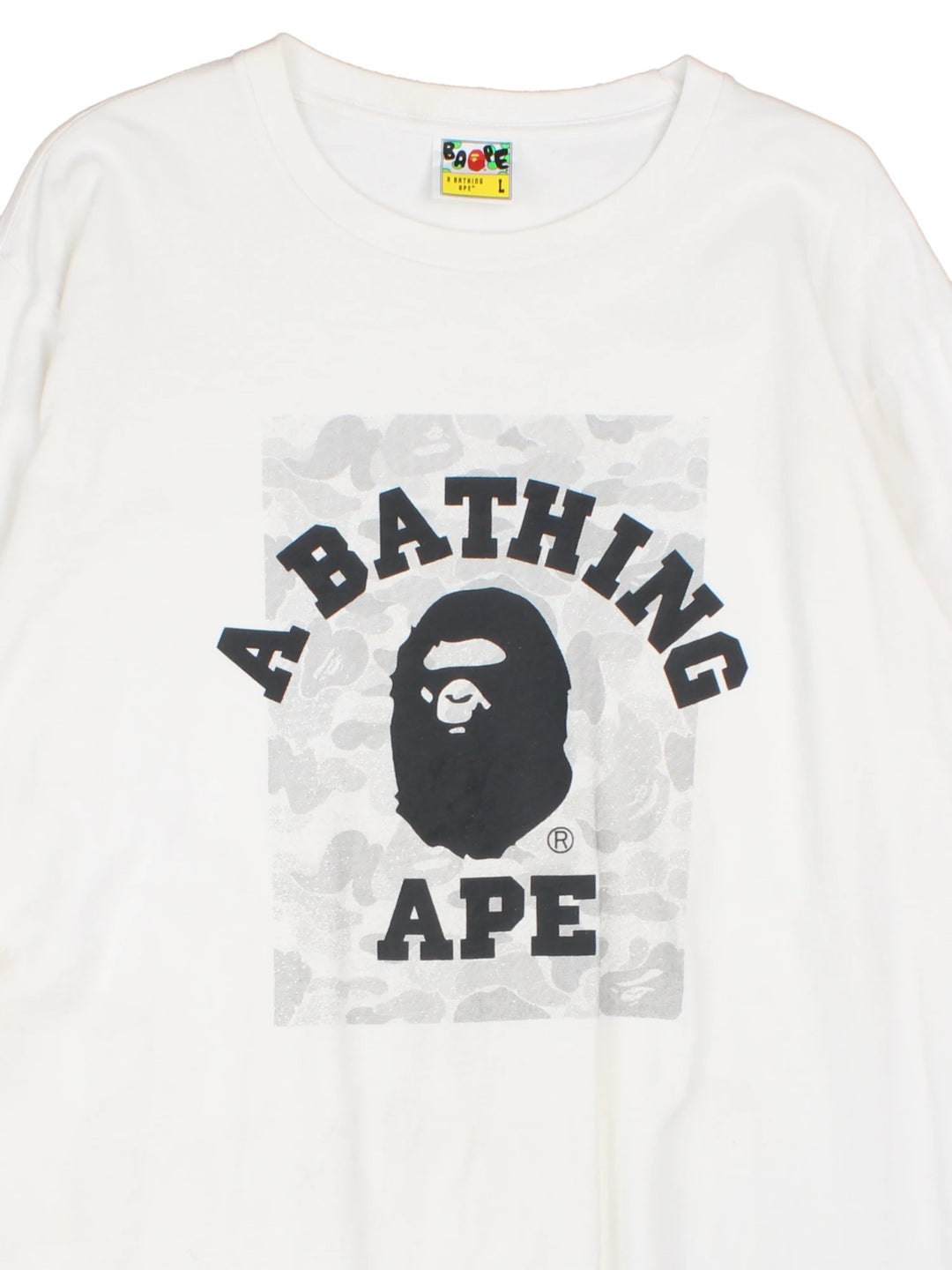 Bape ABC camo long sleeved T-Shirt with classic printed spell out logo on the front. 
