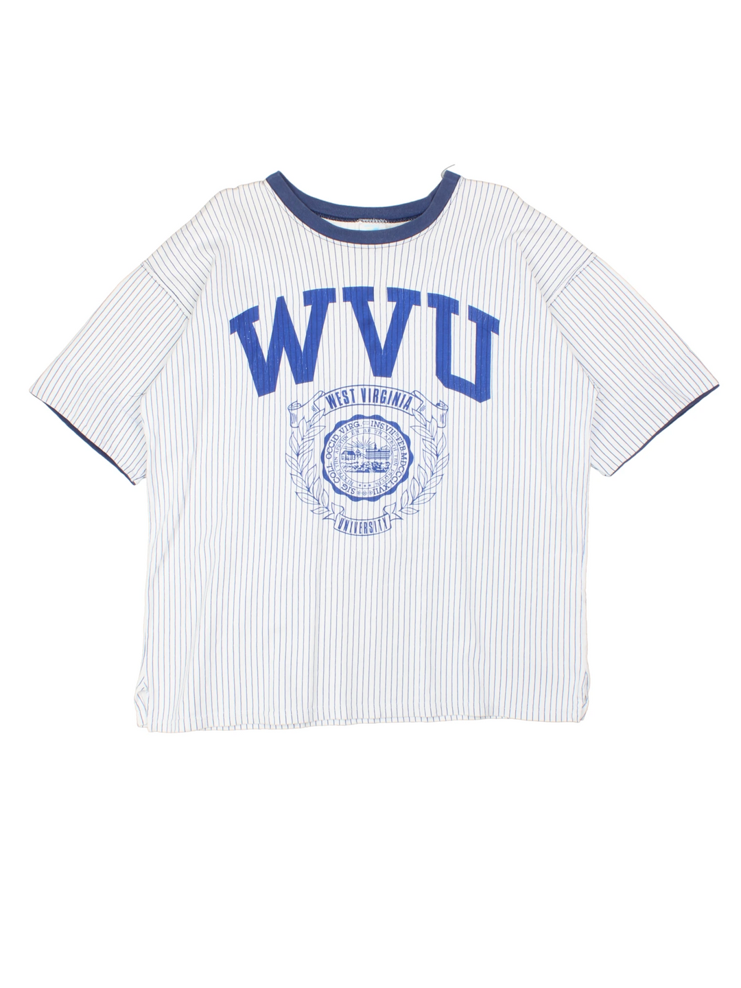 West Virginia University tee in blue and white stripe with crest and initials. 