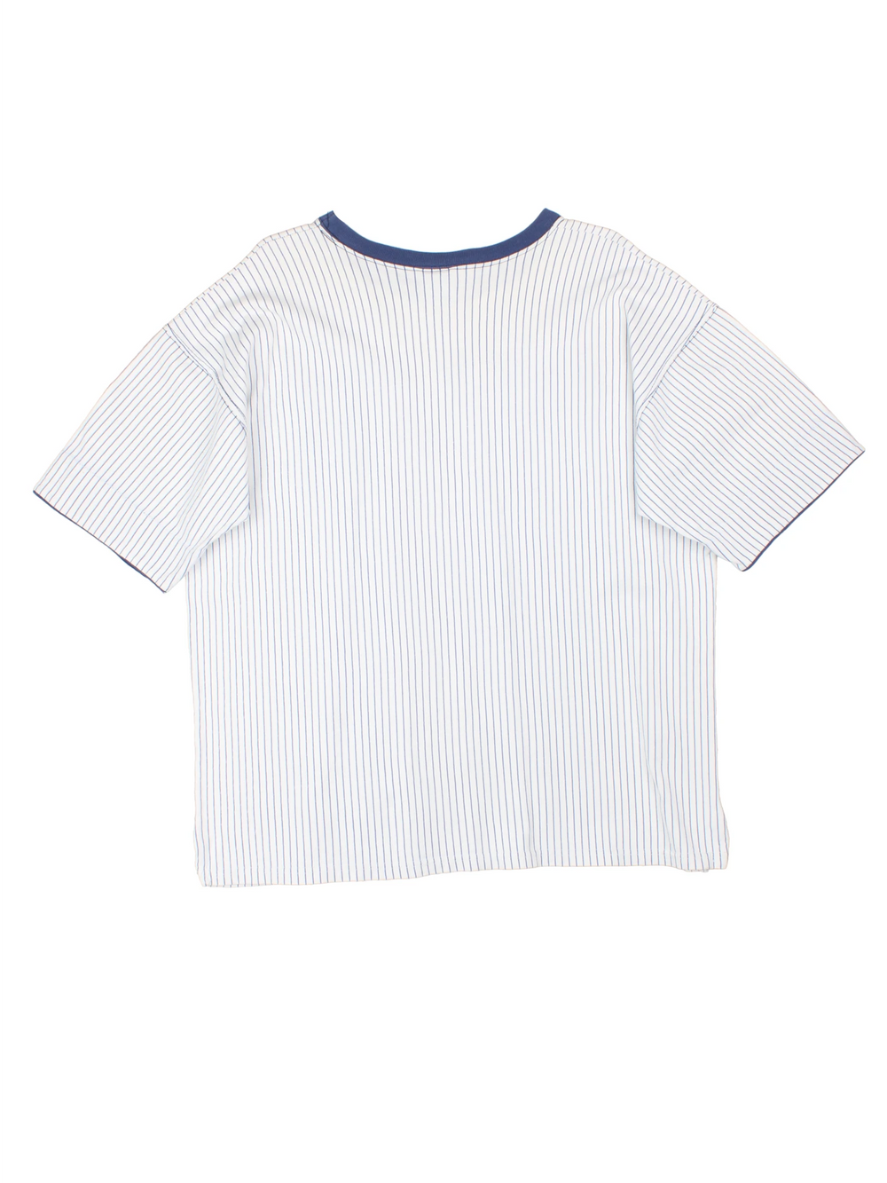 West Virginia University tee in blue and white stripe with crest and initials. 