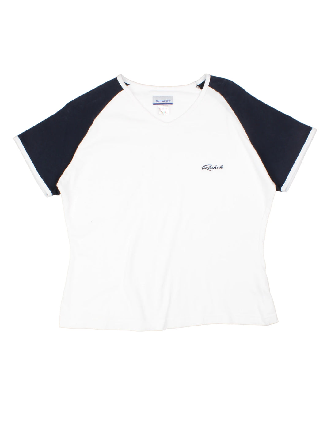 2000's Reebok white and blue v-neck baby tee, features white piping and embroidered spell-out logo on the chest