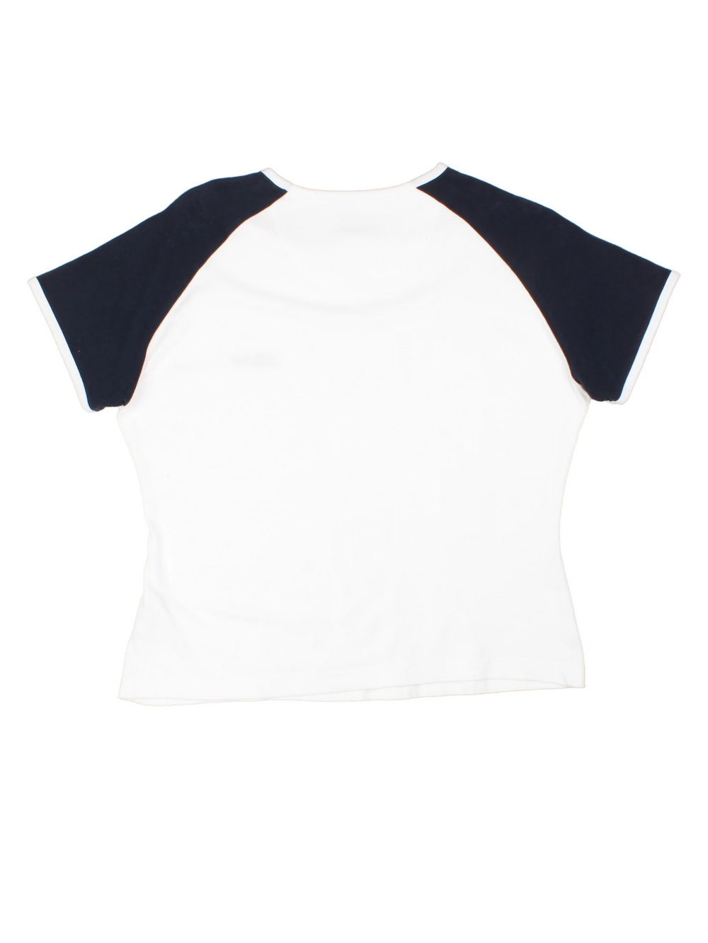 2000's Reebok white and blue v-neck baby tee, features white piping and embroidered spell-out logo on the chest