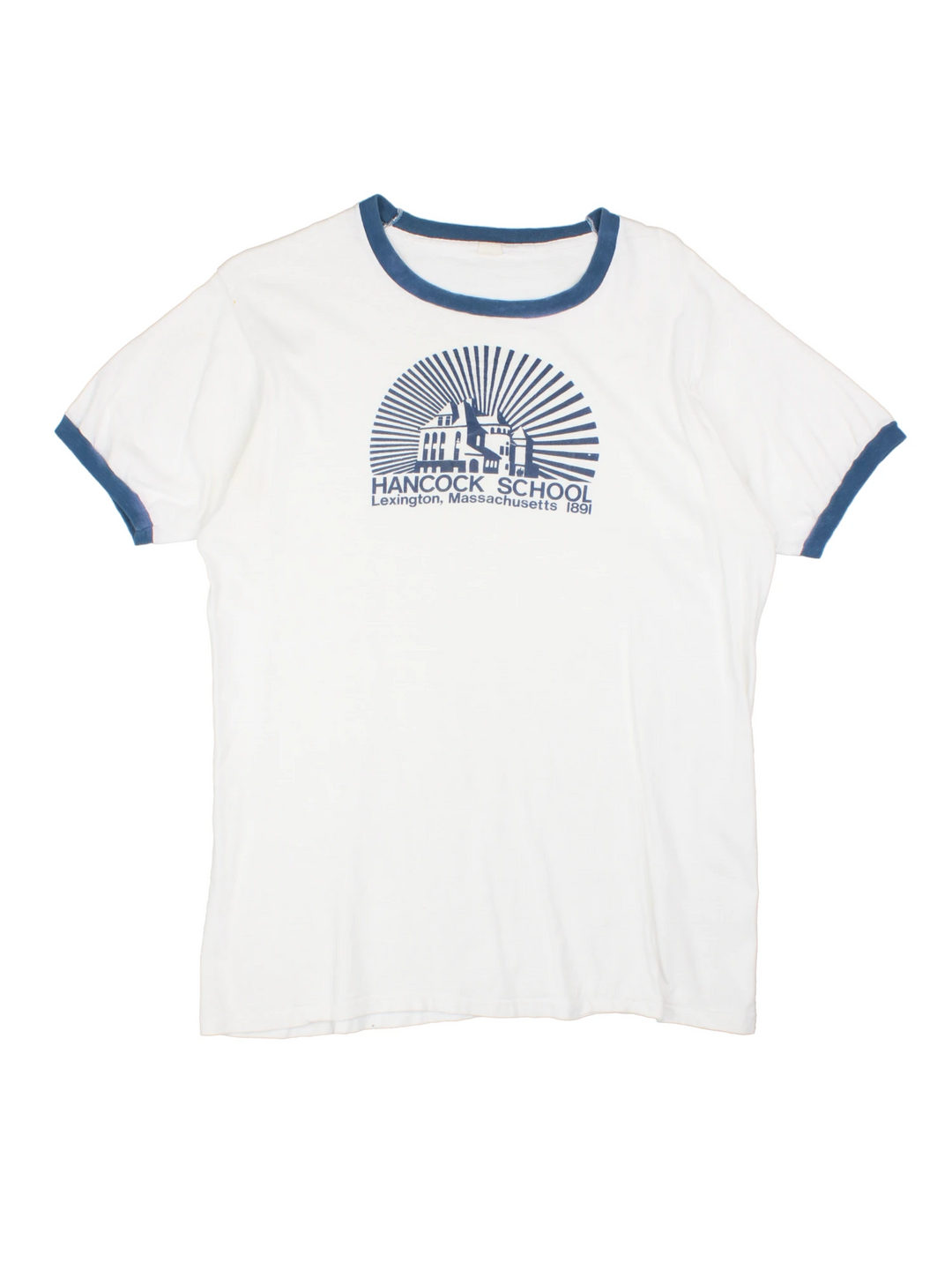 Vintage Hancock School Massachusetts Ringer T-Shirt in a white and blue colourway with the school graphic and spell out printed on the front. 