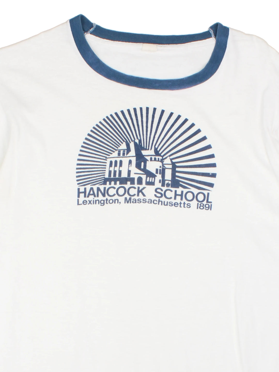 Vintage Hancock School Massachusetts Ringer T-Shirt in a white and blue colourway with the school graphic and spell out printed on the front. 