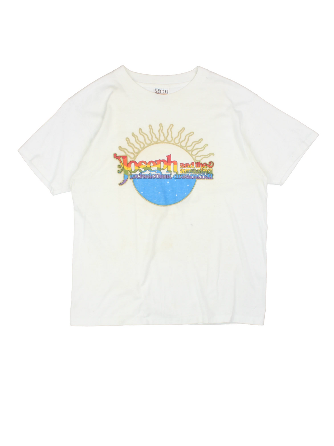 Vintage 90's Joseph and the Amazing Technicolor Dreamcoat T-Shirt in a white colourway with the multicoloured spell out logo printed on the front, single stitch t-shirt on a hanes tag.