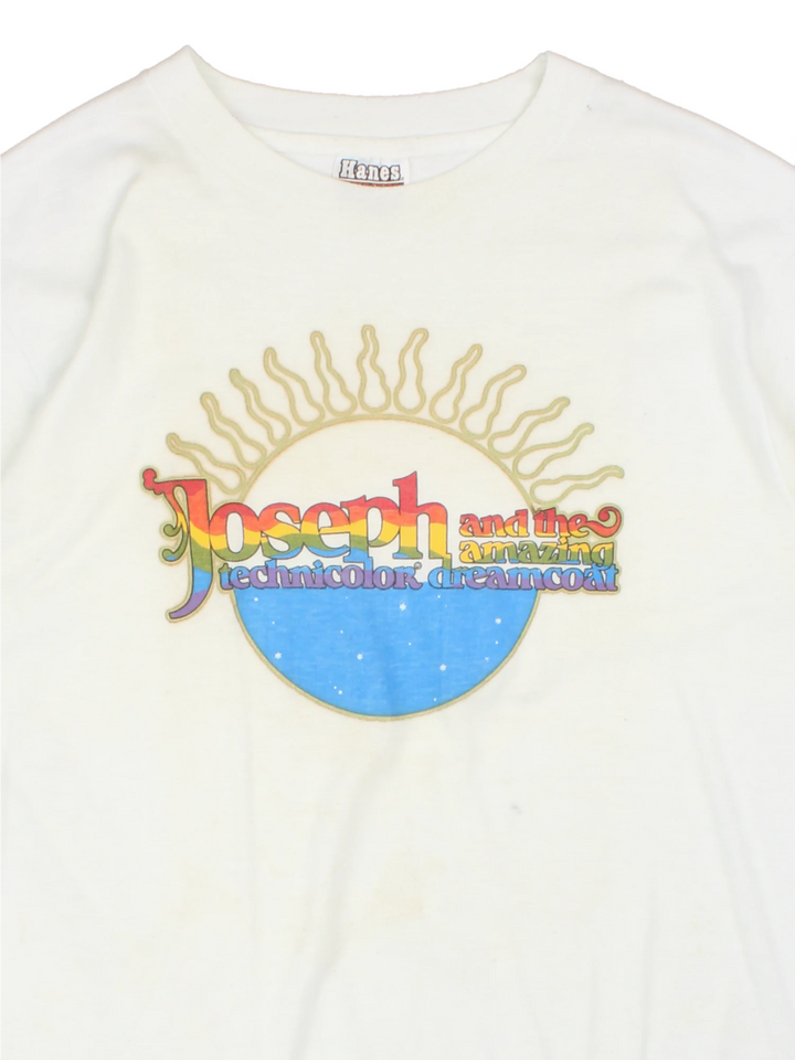 Vintage 90's Joseph and the Amazing Technicolor Dreamcoat T-Shirt in a white colourway with the multicoloured spell out logo printed on the front, single stitch t-shirt on a hanes tag.